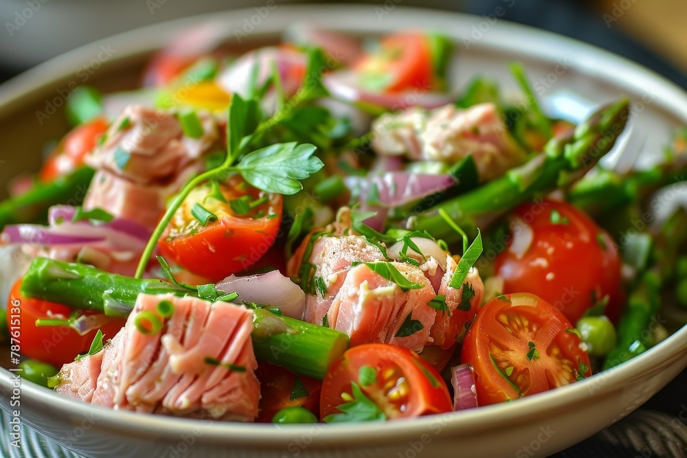 Salad Nicoise with tuna tomatoes asparagus and onion Salad Nicoise with tuna tomatoes asparagus and onion