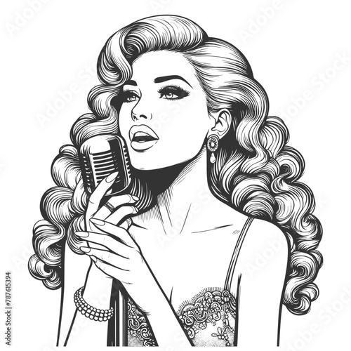 Pin-up girl singer, her hair styled in elegant curls, singing classic microphone sketch engraving generative ai fictional character vector illustration. Scratch board imitation. Black and white image.