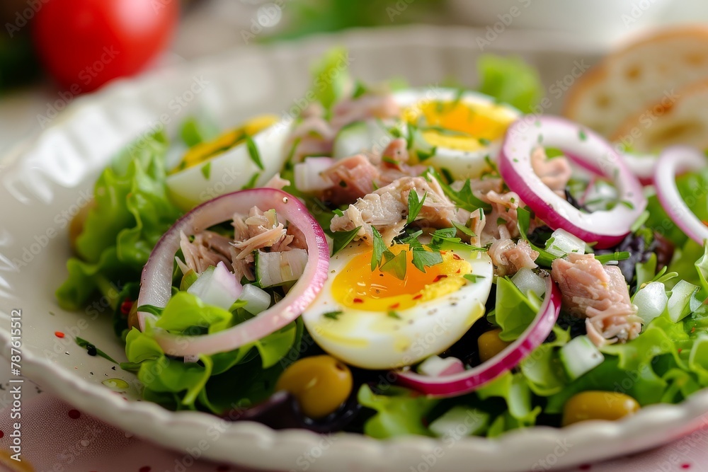 Salad with eggs anchovies onions lettuce and tuna Salad with eggs anchovies onions lettuce and tuna