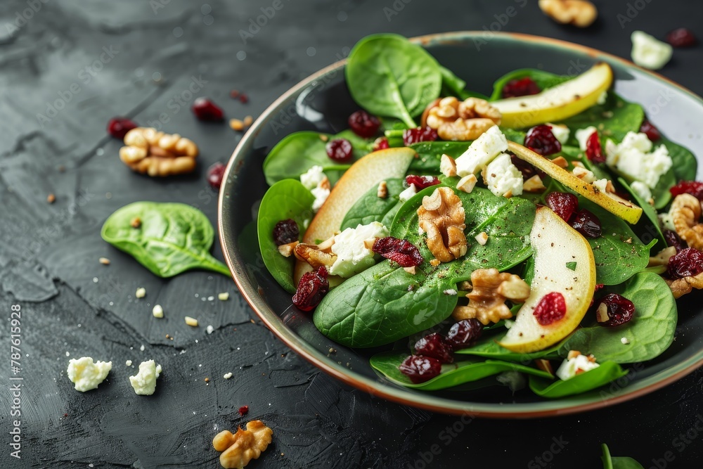 Salad with spinach cranberries goat cheese walnuts and pear on a black background with selective focus
