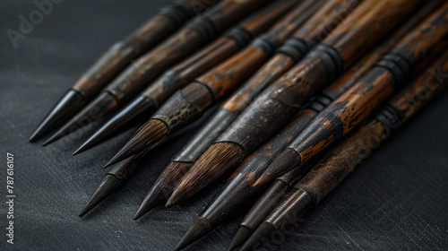 A set of calligraphy brushes with elegant wooden handles.