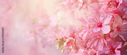 Soft style abstract floral background featuring pink flowers on pastel colors  ideal for spring or summer. Banner backdrop with space for text.