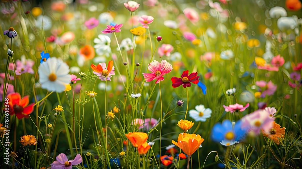 A close-up of vibrant wildflowers blooming in a meadow