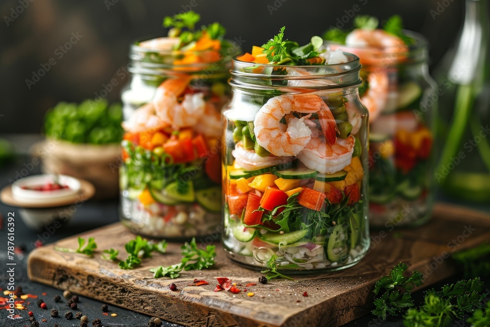 Shrimp and fresh vegetable salad in old jars Shrimp and fresh vegetable salad in old jars