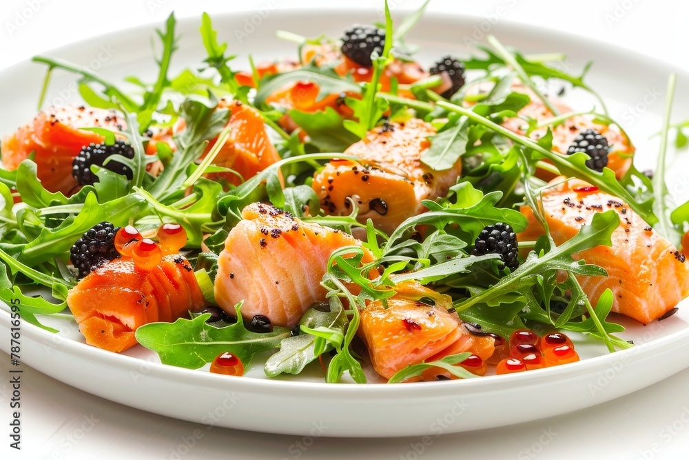 Salmon caviar arugula salad on white background