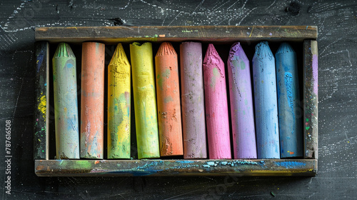 A set of colorful chalk sticks arranged in a box, ready for artistic expression on a chalkboard. photo