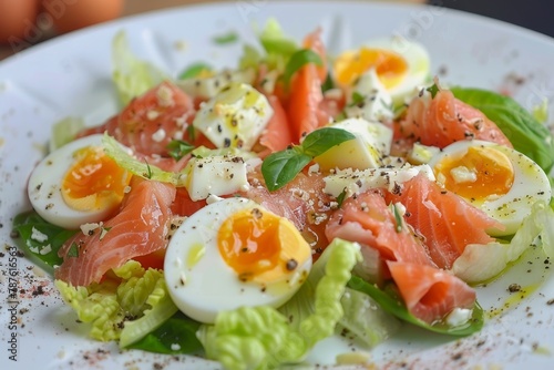 Salmon Caesar salad with quail eggs