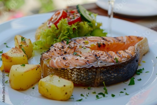 Salmon dish with potatoes and greens photo