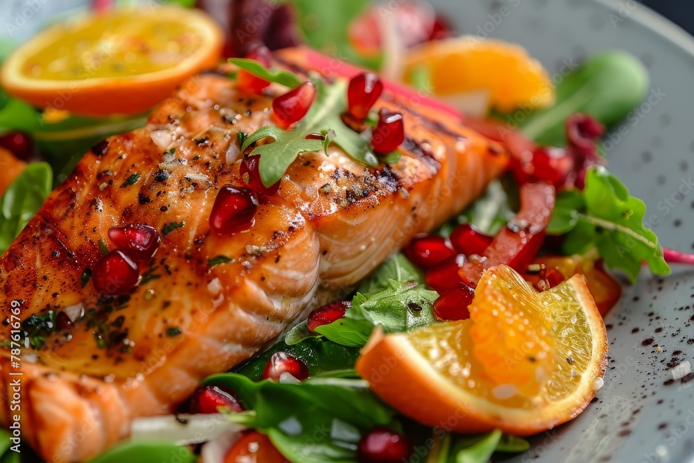Salmon salad with veggies pomegranate and orange