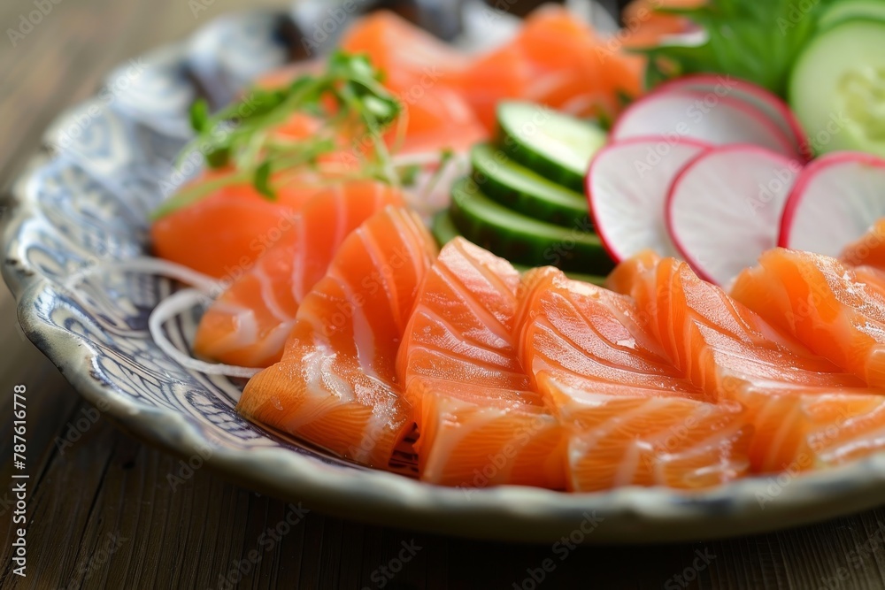 Salmon sashimi with cucumber and radish Salmon sashimi with cucumber and radish