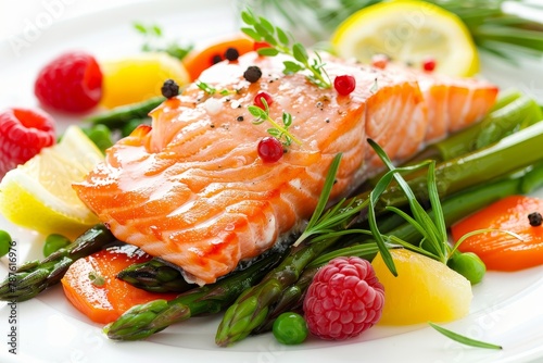 Salmon with a side of fruits veggies and lemon