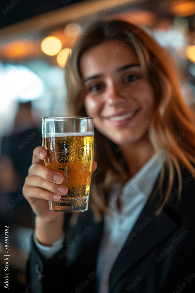 Smiling young woman toasting with a pint of beer at a cozy bar