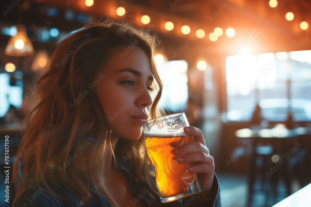 Young woman enjoying a cold beer at sunset in a cozy pub Young woman enjoying a cold beer at sunset in a cozy pub