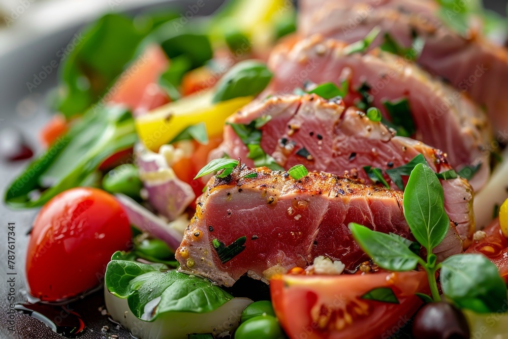 Seared Tuna with Salad Nicoise Closeup Image Seared Tuna with Salad Nicoise Closeup Image