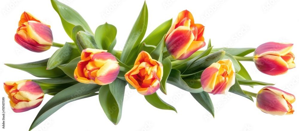 A bunch of tulip flowers representing spring, set against a white backdrop. A bunch of tulip flowers representing spring, set against a white backdrop.
