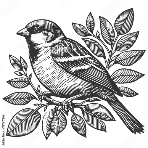 Sparrow bird finch perched on a branch with blooming flowers, perfect for nature-inspired themes sketch engraving generative ai vector illustration. Scratch board imitation. Black and white image.