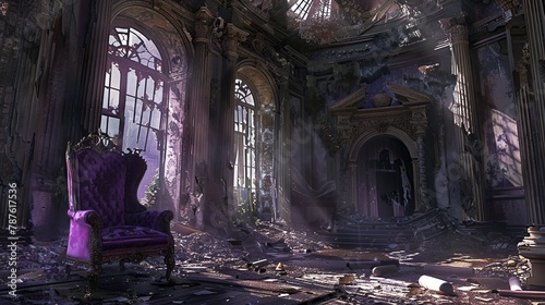 A post-apocalyptic throne room  where a Baroque throne sits amidst the ruins of power and grandeur  in baroque royal purple and apocalyptic shadow