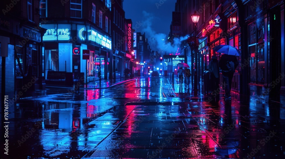 A rain-soaked city street at night in 'Chiaroscuro Neon', with deep shadows cut by vivid neon lights, in shadow midnight blue and neon electric blue