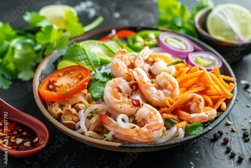 Spicy seafood noodle salad with fresh veggies and Thai flavors