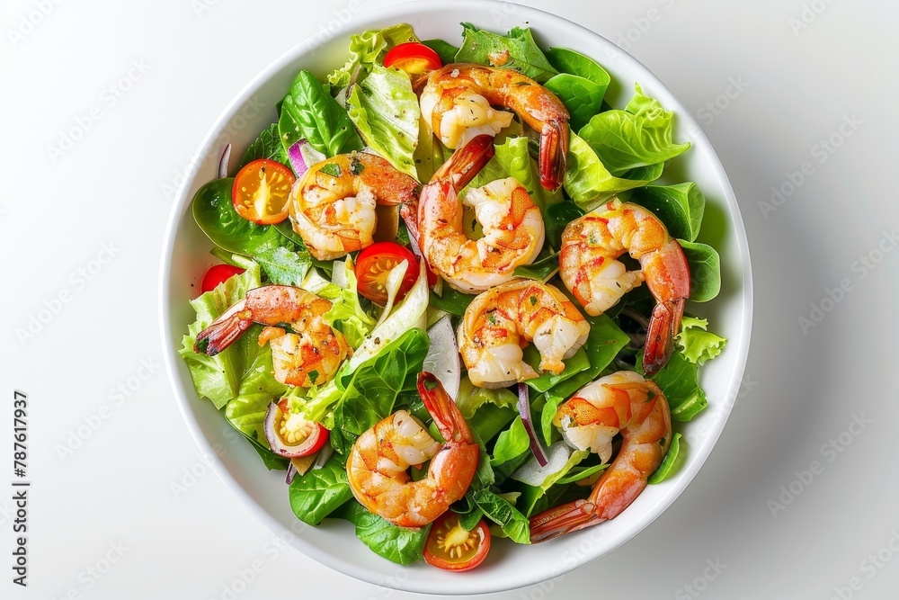 Shrimp Caesar salad on white plate and background from above Shrimp Caesar salad on white plate and background from above