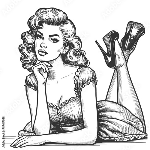  pin-up girl lying down with her heels lifted, showcasing vintage beauty style sketch engraving generative ai fictional character vector illustration. Scratch board imitation. Black and white image. © Oleksandr Pokusai