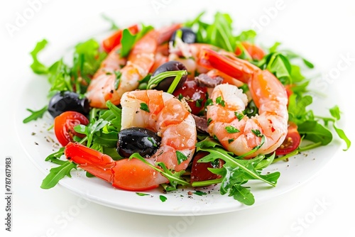 Shrimp salad with greens olives anchovies and tomatoes on white background