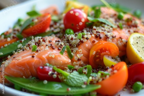 Smoked salmon and quinoa salad with cherry tomatoes and snow peas