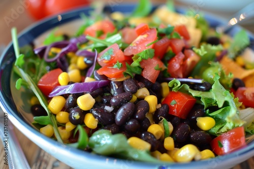 Southwest salad with black beans corn and cumin dressing Enjoy with chili