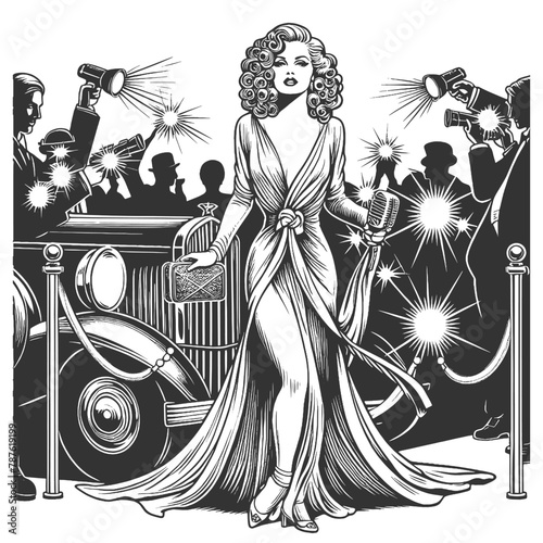 classic Hollywood elegance with a glamorous actress arriving at a movie premiere, surrounded by paparazzi sketch engraving generative ai fictional character vector illustration. Black and white image.
