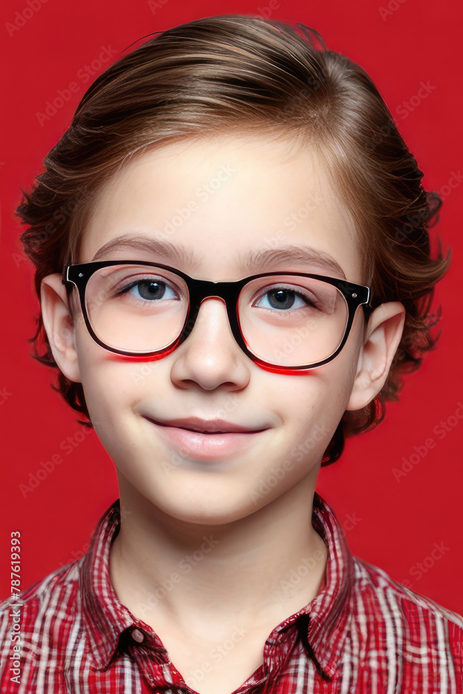 Portrait of a cute little boy in glasses on a red background. Portrait of a cute little boy in glasses on a red background.
