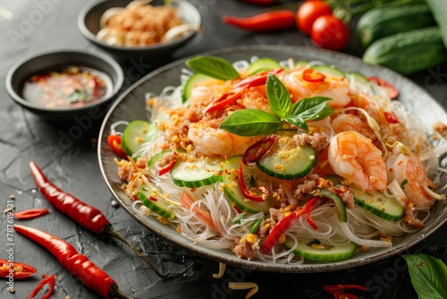 Spicy Thai fusion vermicelli noodles with shrimp pork and veggies garnished with carved cucumber and chili peppers