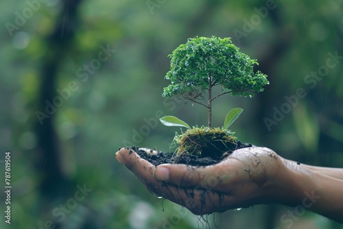 Hands cradle a small tree with soil and roots, symbolizing growth and care in a tranquil forest setting