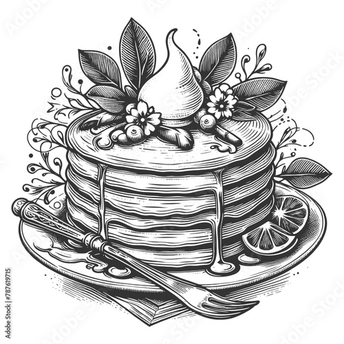 pancakes with maple syrup sketch engraving generative ai fictional character vector illustration. Scratch board imitation. Black and white image.