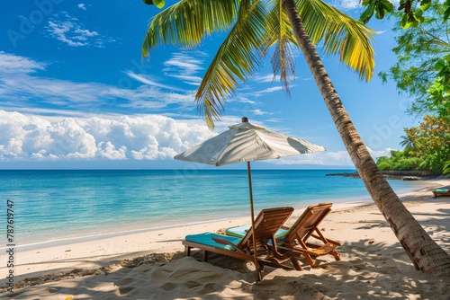 Wooden sun loungers under a parasol on a pristine beach, flanked by palm fronds and a view of the tranquil sea. © vachom