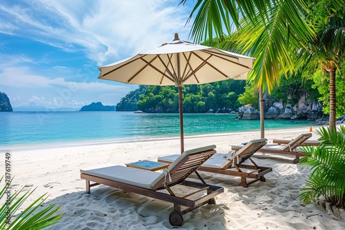 Wooden sun loungers under a parasol on a pristine beach, flanked by palm fronds and a view of the tranquil sea.