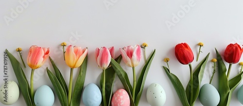 Spring tulips accompanied by Easter eggs against a white backdrop #787619926
