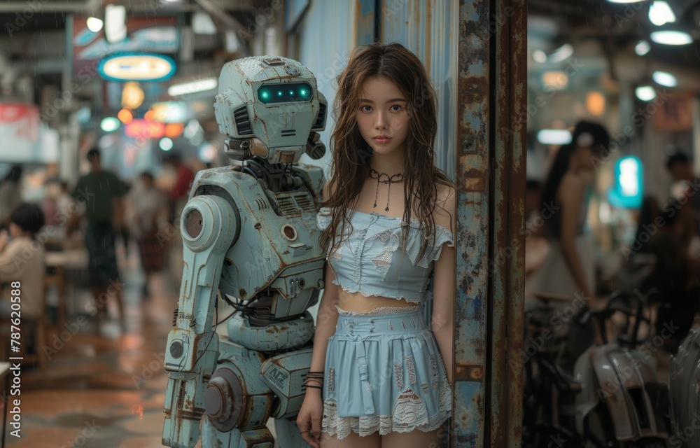 An attractive beautiful woman and an old robot. a futuristic photo