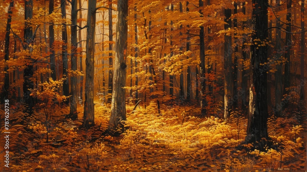 Fototapeta premium The golden hue of the woods prior to the onset of winter chill