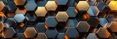 Abstract futuristic luxurious digital geometric technology hexagon background banner illustration 3d. Glowing gold, brown, gray and black hexagonal 3d shape texture wall