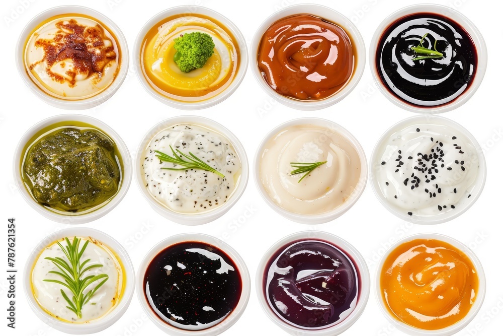8 savory sauces and dips on white background Variety includes Greek teriyaki vodka Italian cranberry blue cheese curry buffalo Each can be used individually 8 savory sauces and dips on white background Variety includes Greek teriyaki vodka Italian cranberry blue cheese curry buffalo Each can be used individually