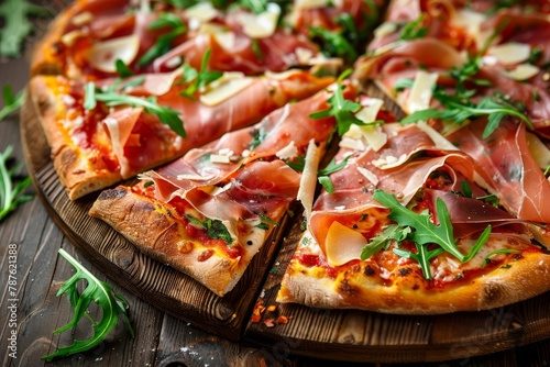 A Close up of pizza with prosciutto arugula and parmesan on a dark wooden background representing Italian cuisine