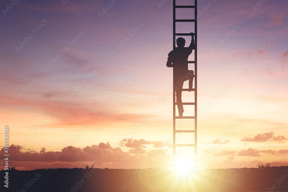Silhouette of a man crawling on a staircase to the sky, concept of motivation and success