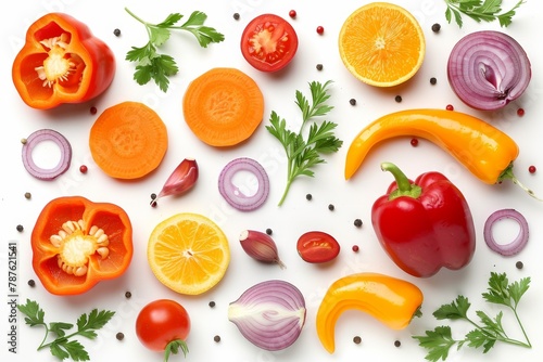 Assortment of red orange and yellow vegetables on white backdrop Overhead shot