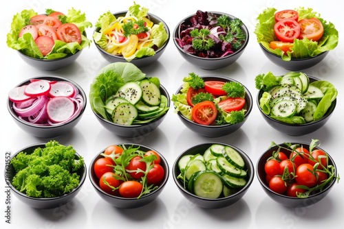 Assortment of salads on a white backdrop