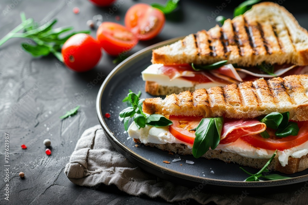 Big toast sandwich filled with cream cheese prosciutto and tomatoes Blank space for ad Big toast sandwich filled with cream cheese prosciutto and tomatoes Blank space for ad