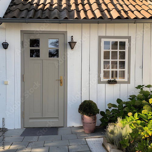 Medium Shot of a door painted in a calm and muted taupe gray with subtle hints of soft brown undertones. Country interior design style. Afternoon, a calm and inviting radiance, playing with shadows 