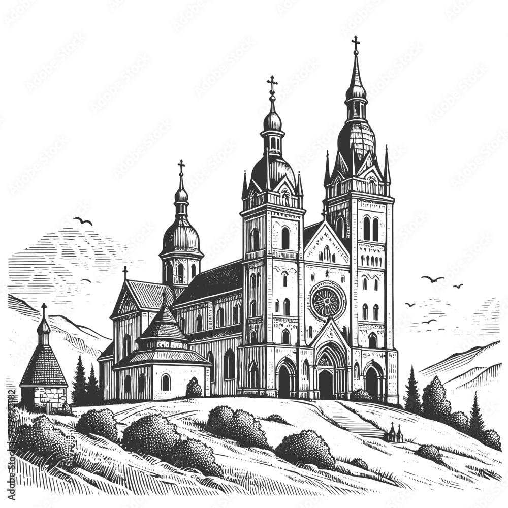 cathedral with spires, set against a backdrop of rolling hills and a serene landscape sketch engraving generative ai vector illustration. Scratch board imitation. Black and white image. cathedral with spires, set against a backdrop of rolling hills and a serene landscape sketch engraving generative ai vector illustration. Scratch board imitation. Black and white image.