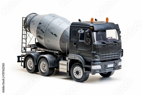 Black and grey concrete mixer truck on white background