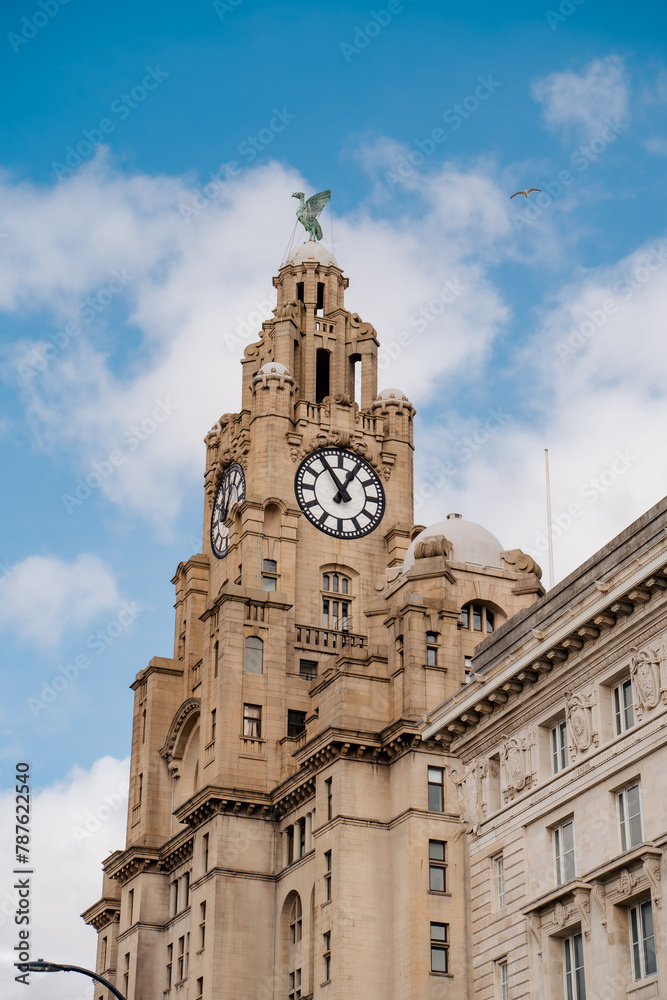 The clock tower of the Royal Liver Building in Liverpool, on which is the Liver Bird statue