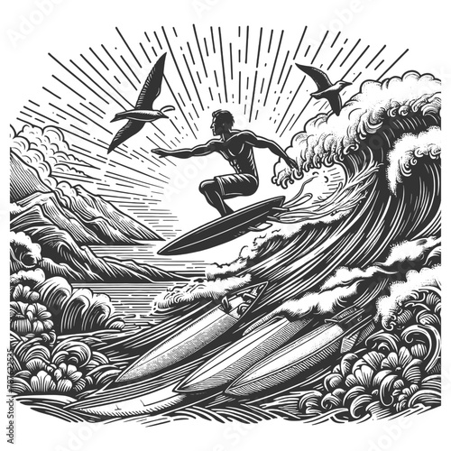 surfer in motion as he catches wave, perfectly encapsulating thrill of surfing sketch engraving generative ai fictional character vector illustration. Scratch board imitation. Black and white image.